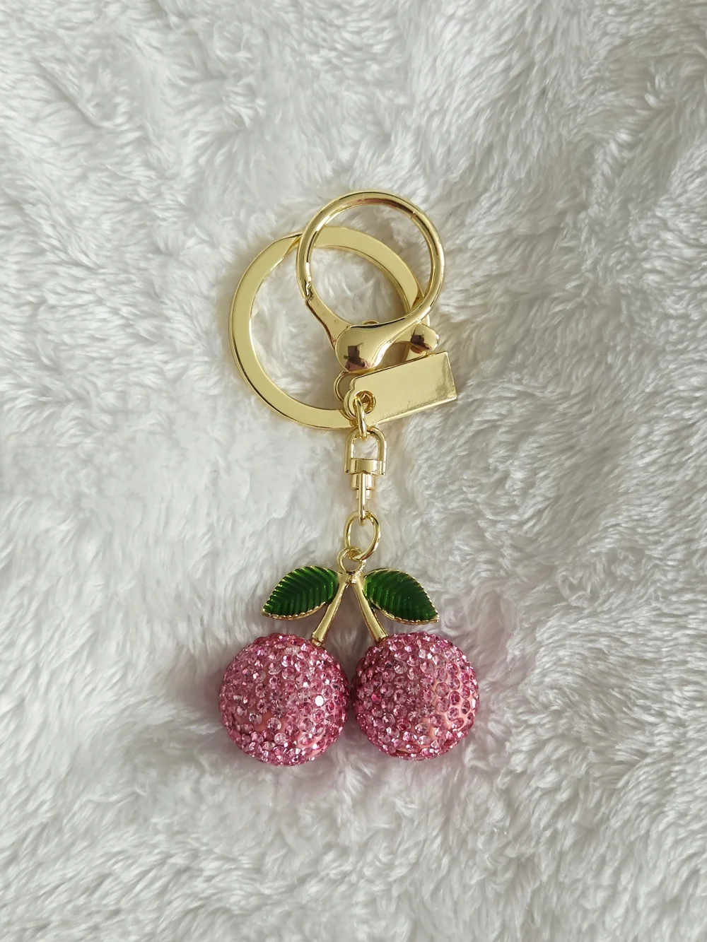 Pink Cherry Rhinestone Keychain - Gold Hardware Bling Bag Charm
